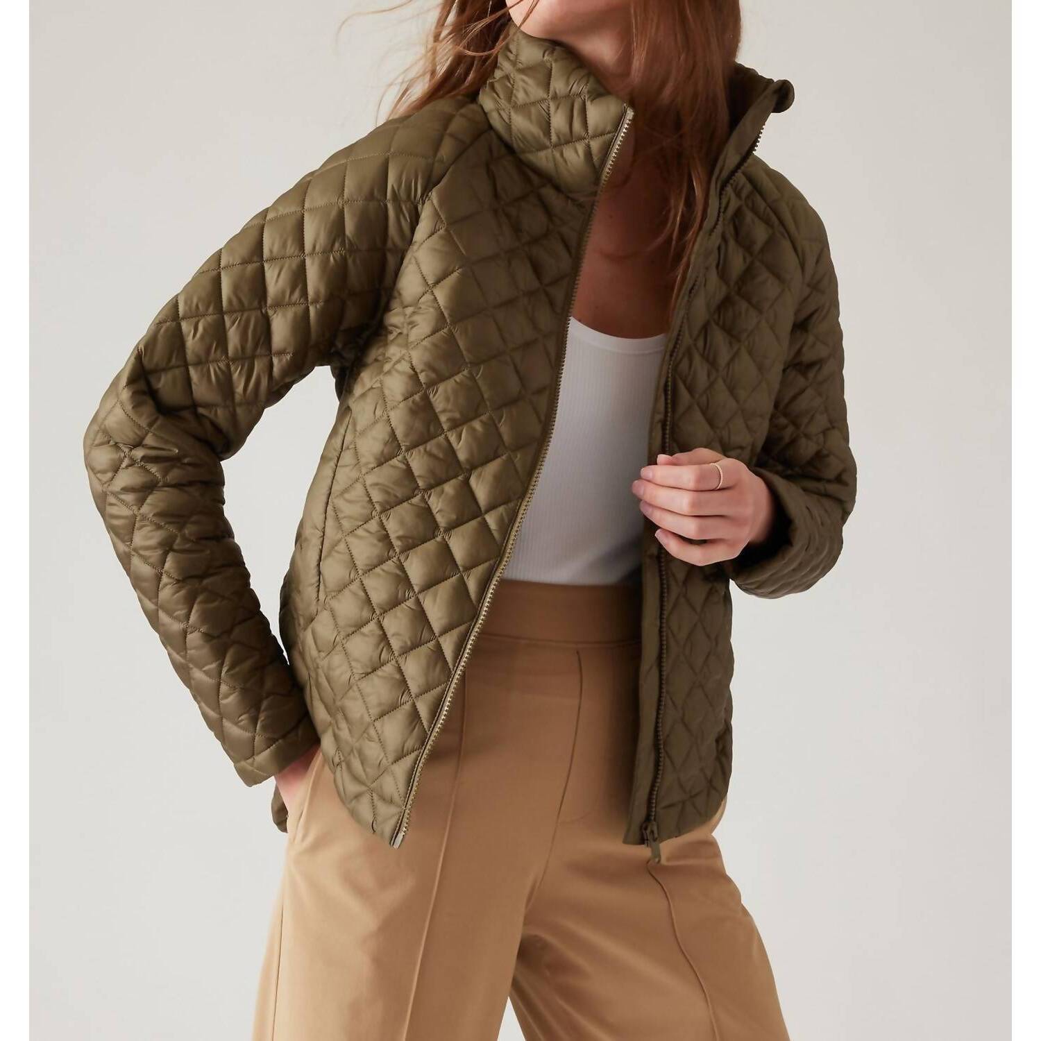 New Athleta Whisper Quilted Nylon Jacket In Olive Green